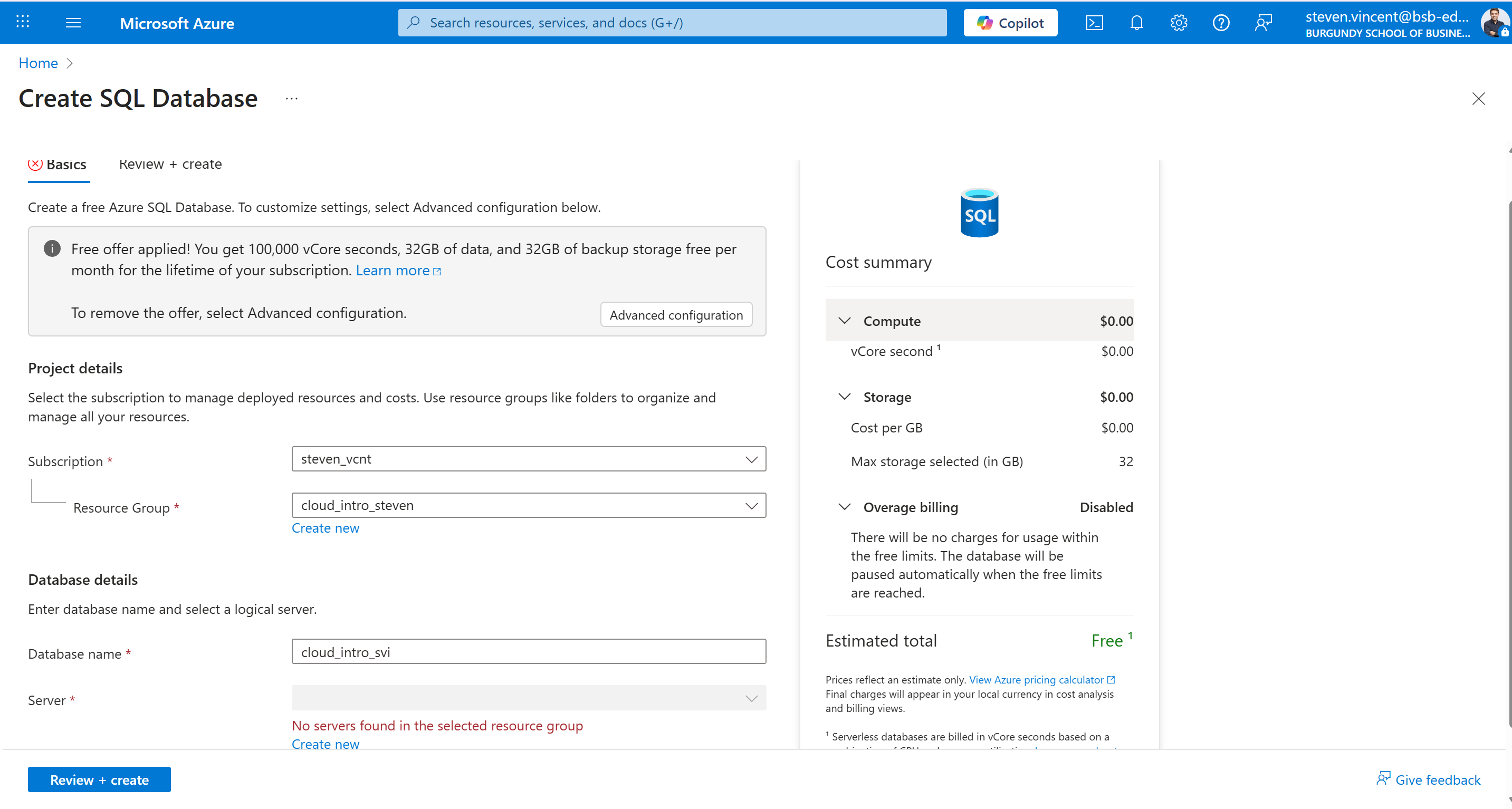 Create azure db config